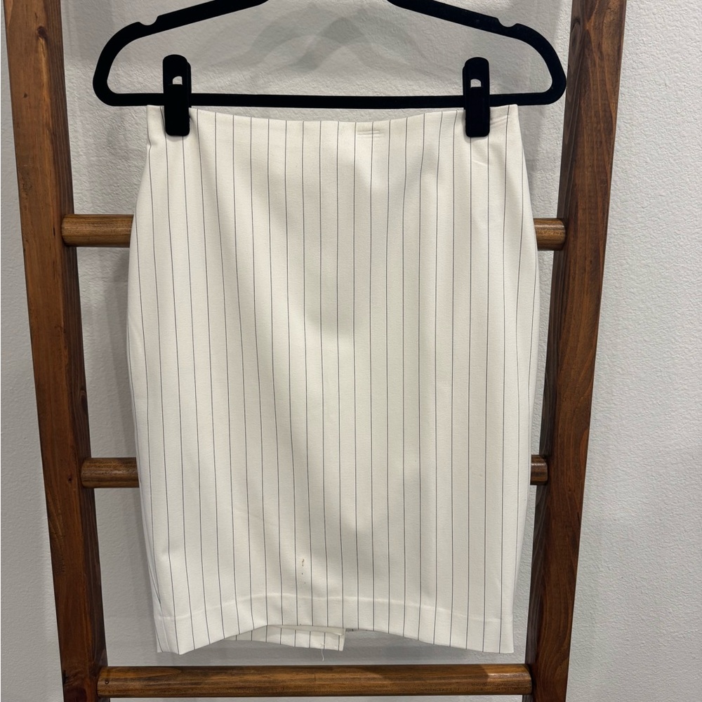 Express Cream Pencil Skirt with Navy Pinstripes